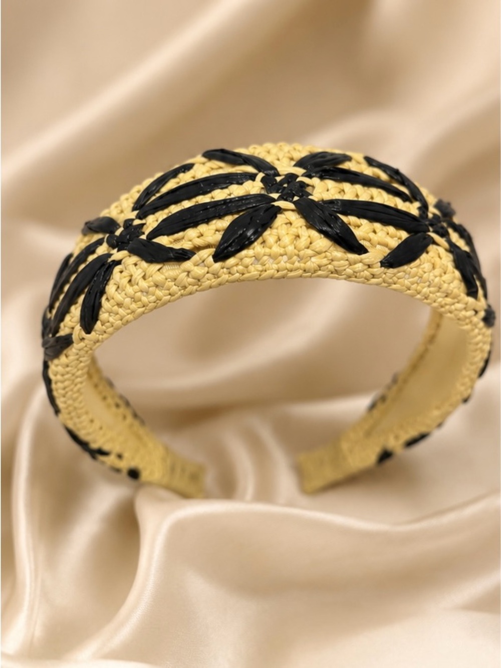 Yellow Woven Headband with Black Leaf Accents
